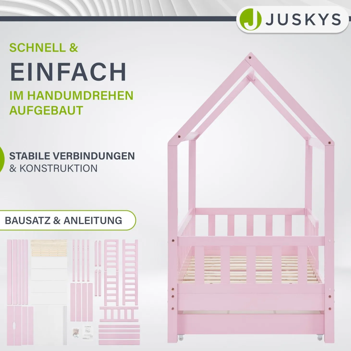 Kinderbett Marli 80 x 160 cm mit Bettkasten Hausbett mit Dach, Lattenrost, Rausfallschutz & Stauraum