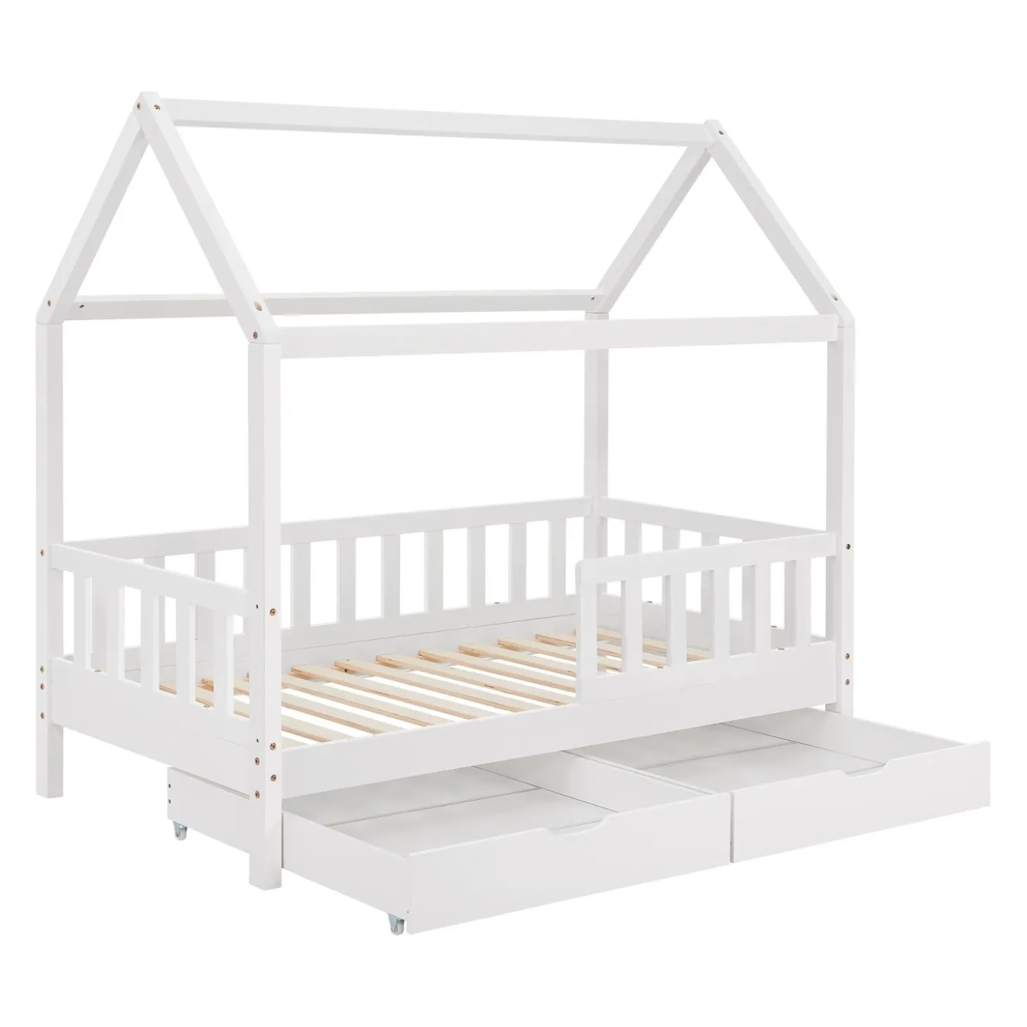 Kinderbett Marli 80 x 160 cm mit Bettkasten Hausbett mit Dach, Lattenrost, Rausfallschutz & Stauraum