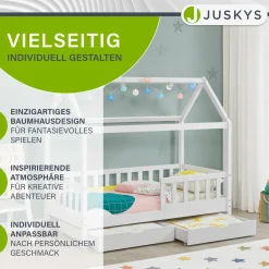 Kinderbett Marli 80 x 160 cm mit Bettkasten Hausbett mit Dach, Lattenrost, Rausfallschutz & Stauraum