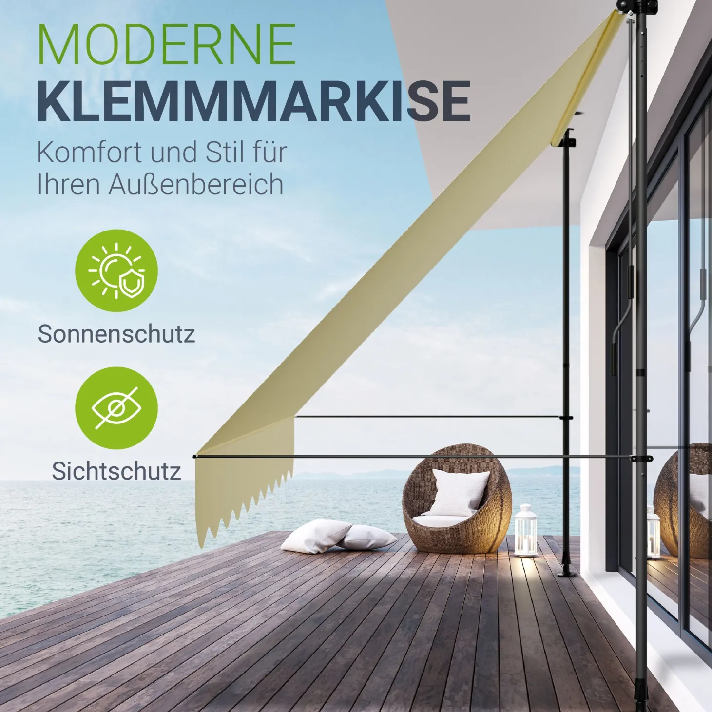 Klemmmarkise Kapstadt mit Handkurbel höhenverstellbarer Sonnenschutz, uv-beständig in 6 Breiten verfügbar