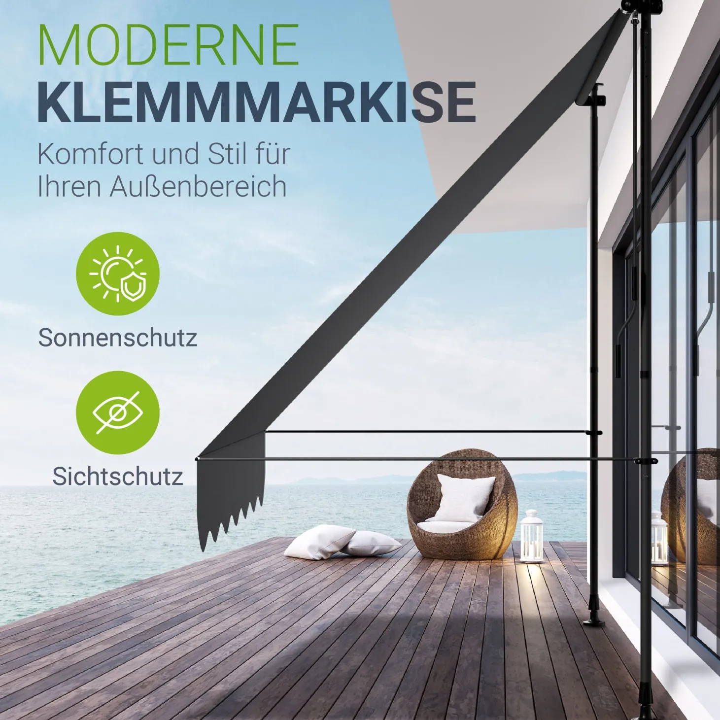 Klemmmarkise Kapstadt mit Handkurbel höhenverstellbarer Sonnenschutz, uv-beständig in 6 Breiten verfügbar