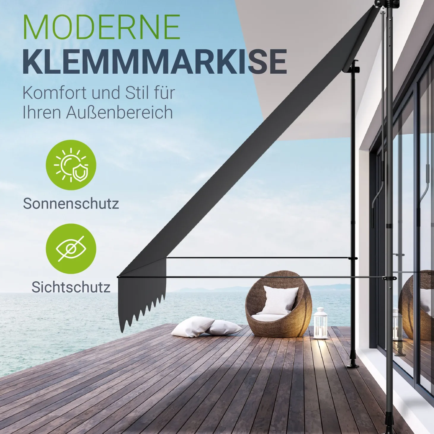Klemmmarkise Kapstadt mit Handkurbel höhenverstellbarer Sonnenschutz, uv-beständig in 6 Breiten verfügbar