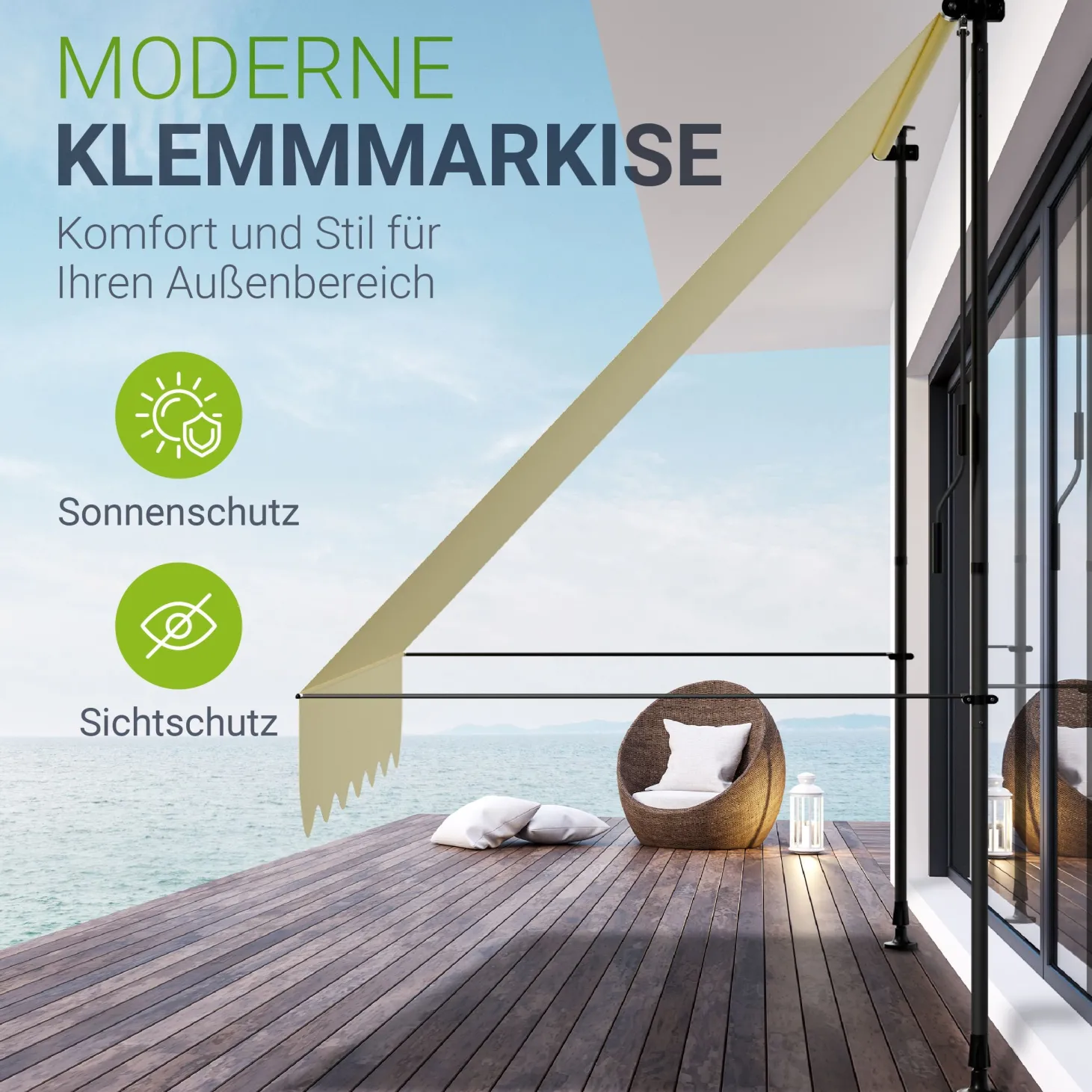 Klemmmarkise Kapstadt mit Handkurbel höhenverstellbarer Sonnenschutz, uv-beständig in 6 Breiten verfügbar