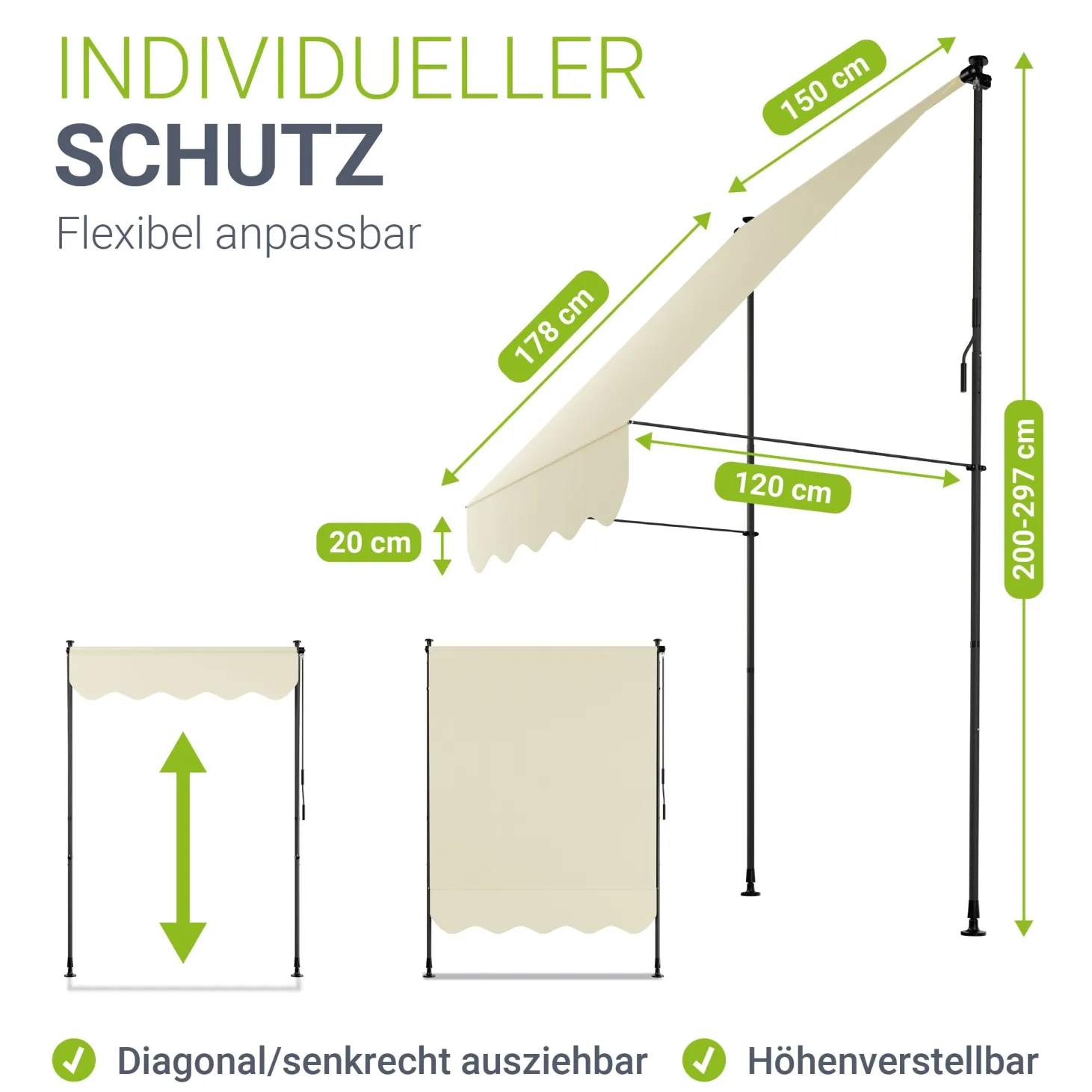 Klemmmarkise Kapstadt mit Handkurbel höhenverstellbarer Sonnenschutz, uv-beständig in 6 Breiten verfügbar