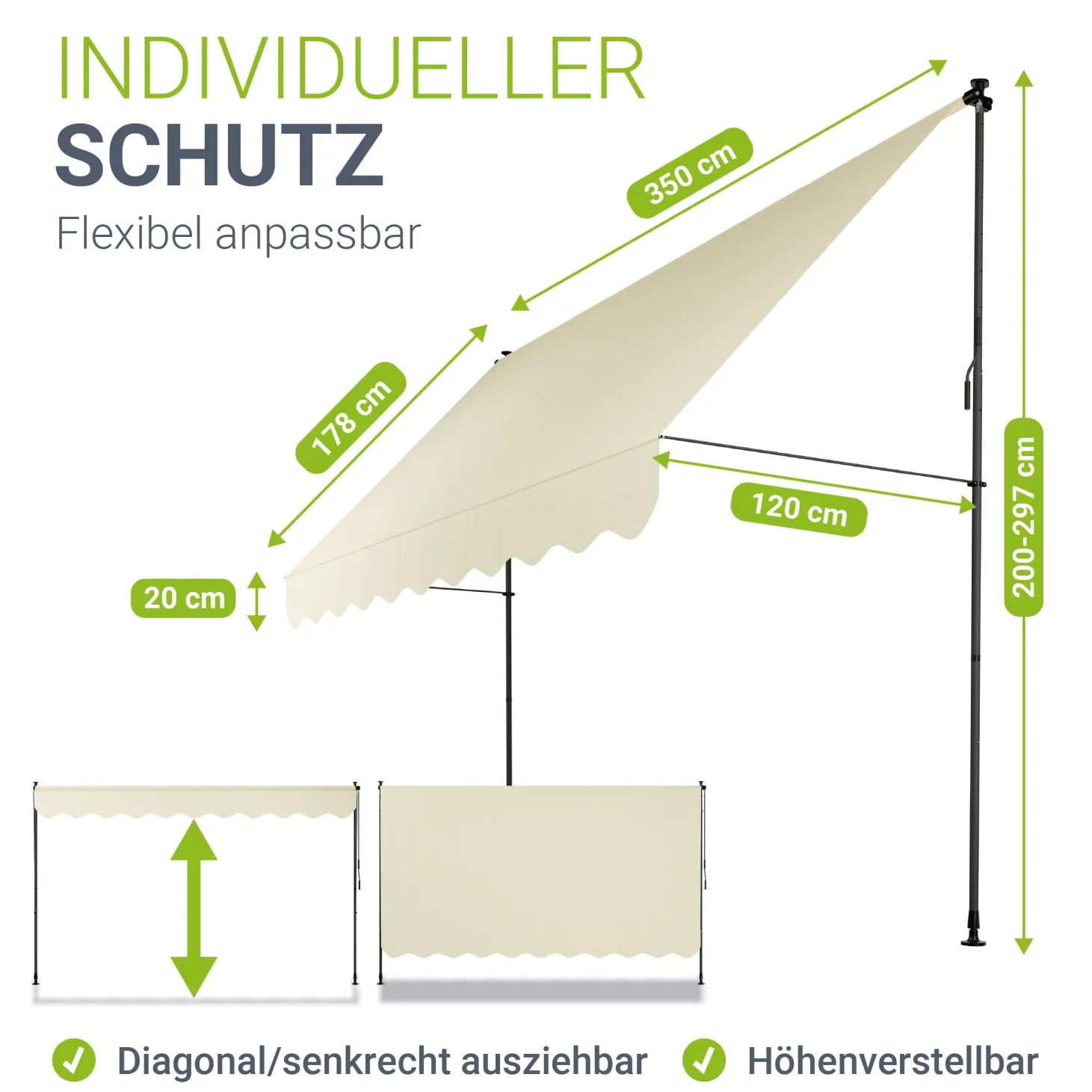 Klemmmarkise Kapstadt mit Handkurbel höhenverstellbarer Sonnenschutz, uv-beständig in 6 Breiten verfügbar