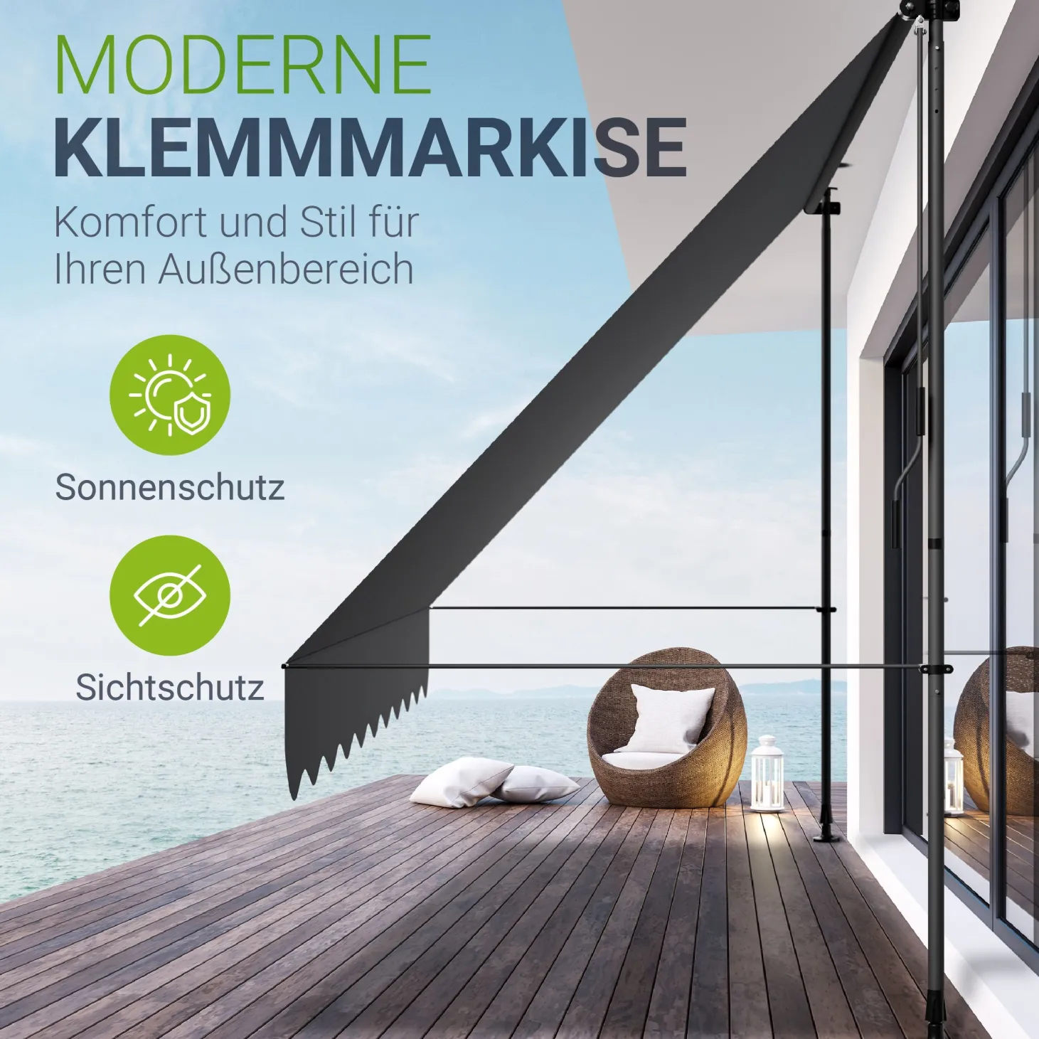 Klemmmarkise Kapstadt mit Handkurbel höhenverstellbarer Sonnenschutz, uv-beständig in 6 Breiten verfügbar