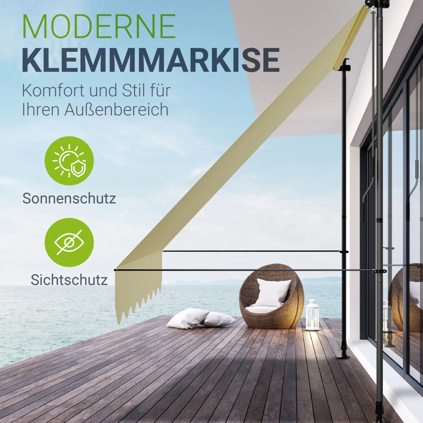 Klemmmarkise Kapstadt mit Handkurbel höhenverstellbarer Sonnenschutz, uv-beständig in 6 Breiten verfügbar