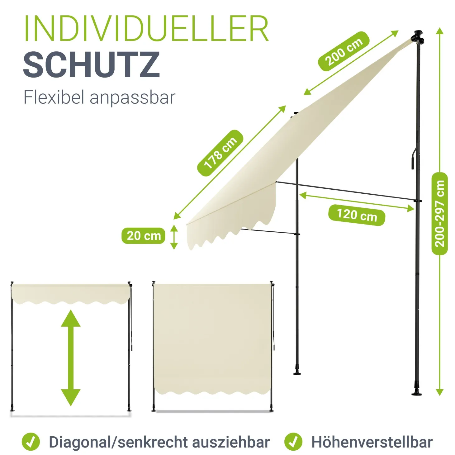 Klemmmarkise Kapstadt mit Handkurbel höhenverstellbarer Sonnenschutz, uv-beständig in 6 Breiten verfügbar