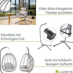 Korbhängesessel Aria inklusive Gestell Faltbarer Hängesessel mit Geflecht, Kissen & Aufhängung mit Feder