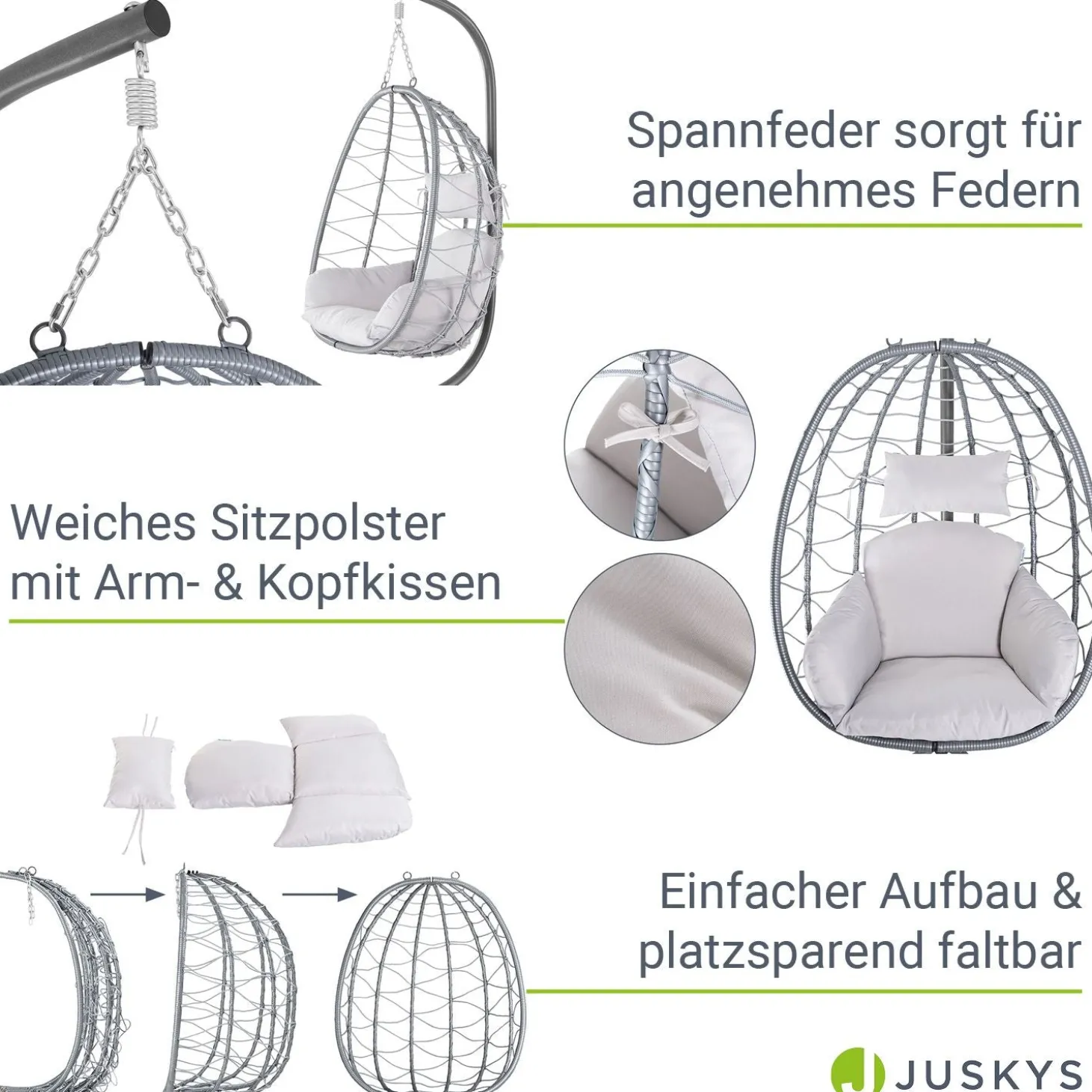 Korbhängesessel Aria inklusive Gestell Faltbarer Hängesessel mit Geflecht, Kissen & Aufhängung mit Feder