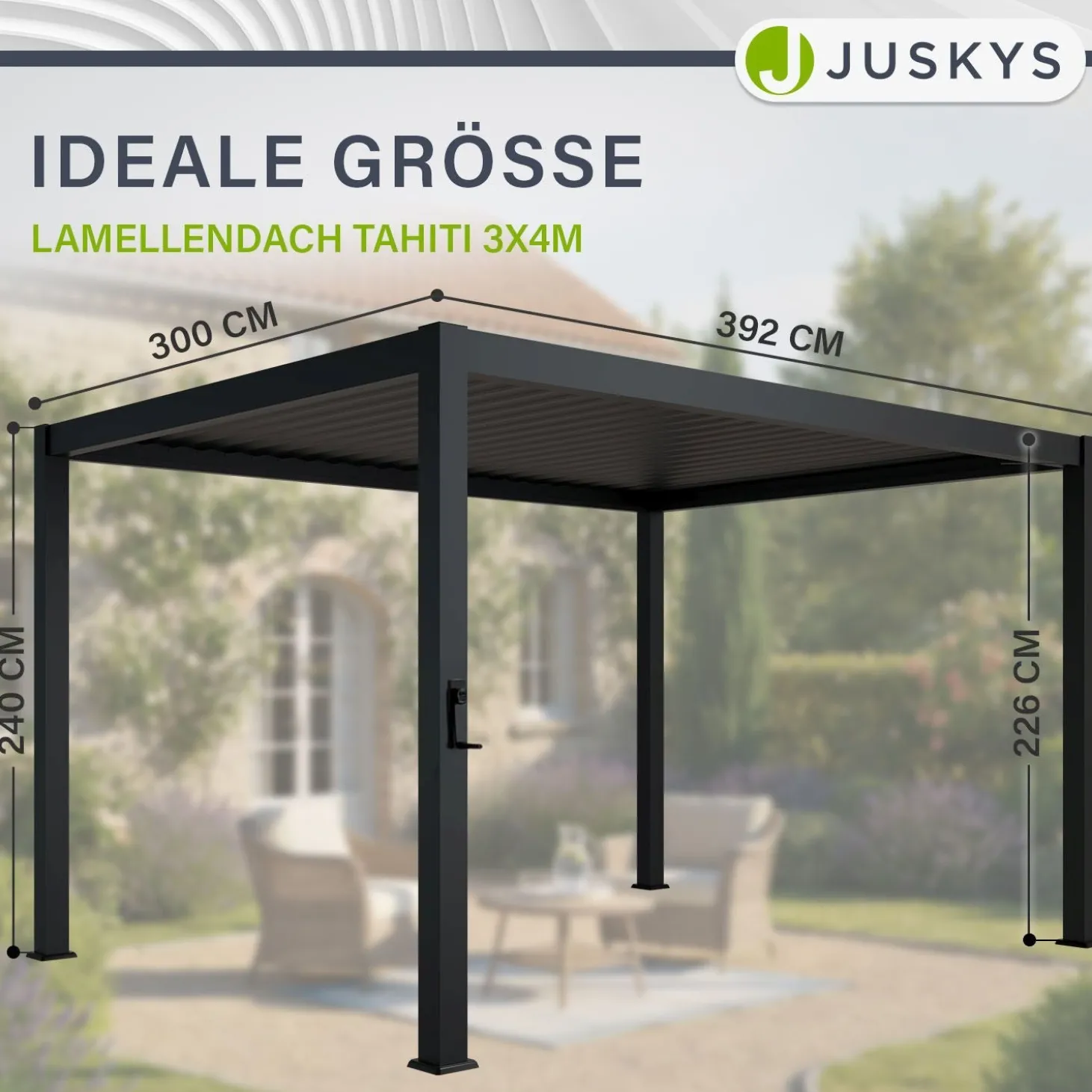 Lamellendach Tahiti 3 x 4 m inkl. 1x Seitenwand 4 m Lamellendach für Terrasse & Garten mit verstellbaren Lamellen