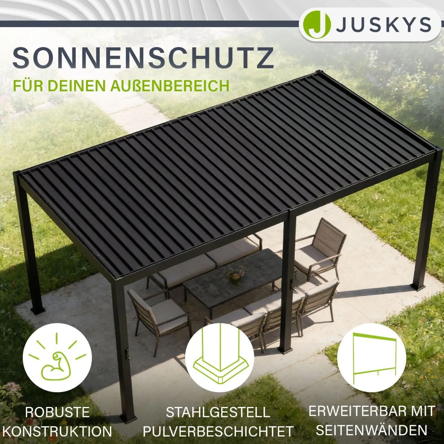 Lamellendach Tahiti 3 x 5,9 m inkl. 2x Seitenwand 3 m Lamellendach für Terrasse & Garten mit verstellbaren Lamellen