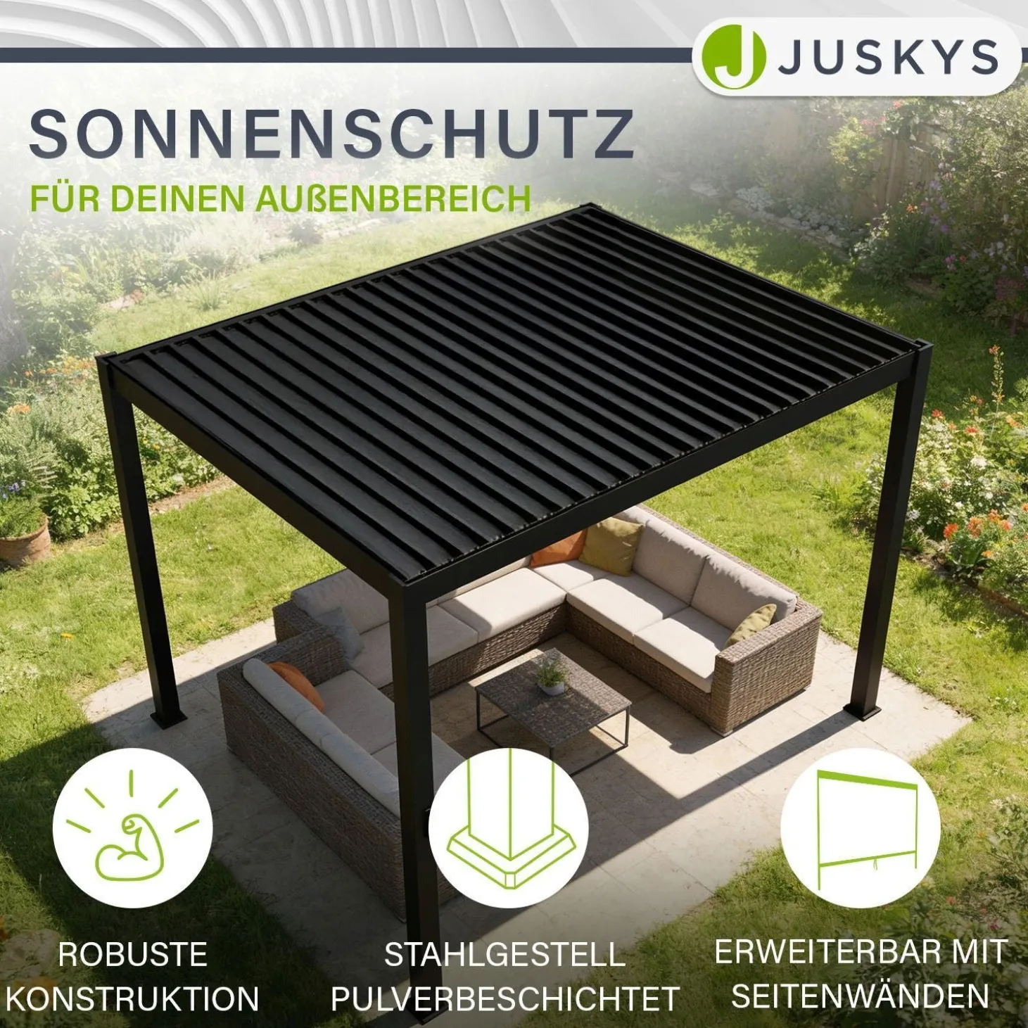 Lamellendach Tahiti 3 x 4 m inkl. 1x Seitenwand 3 m Lamellendach für Terrasse & Garten mit verstellbaren Lamellen