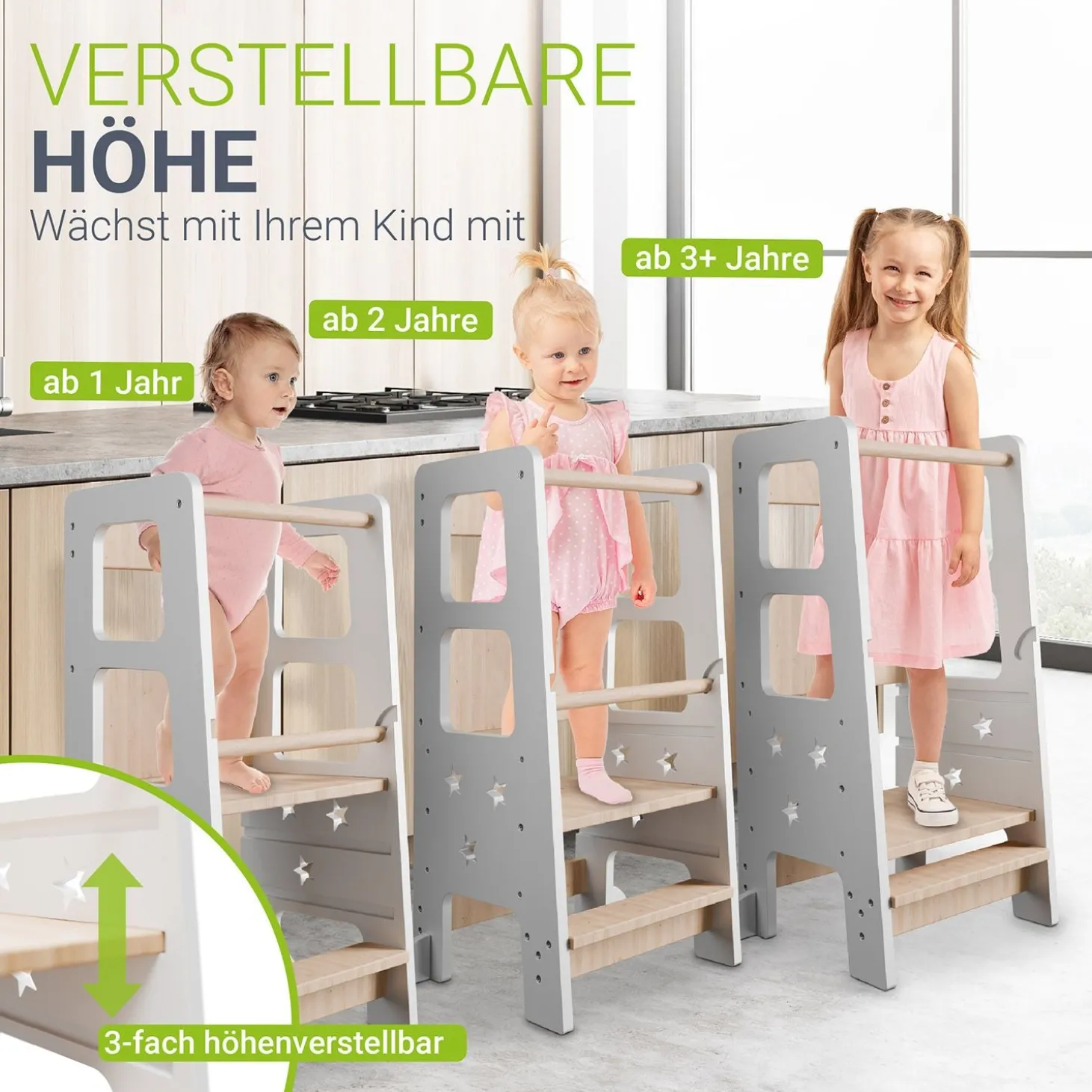 Lernturm Henny Höhenverstellbarer Lernturm für Kinder ab 1 Jahr, sicher und stabil