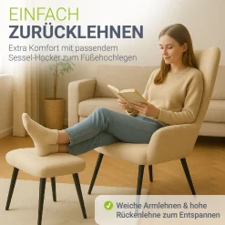 Ohrensessel mit optionalem Hocker Odense Relaxsessel beige oder grau im skandinavischen Design
