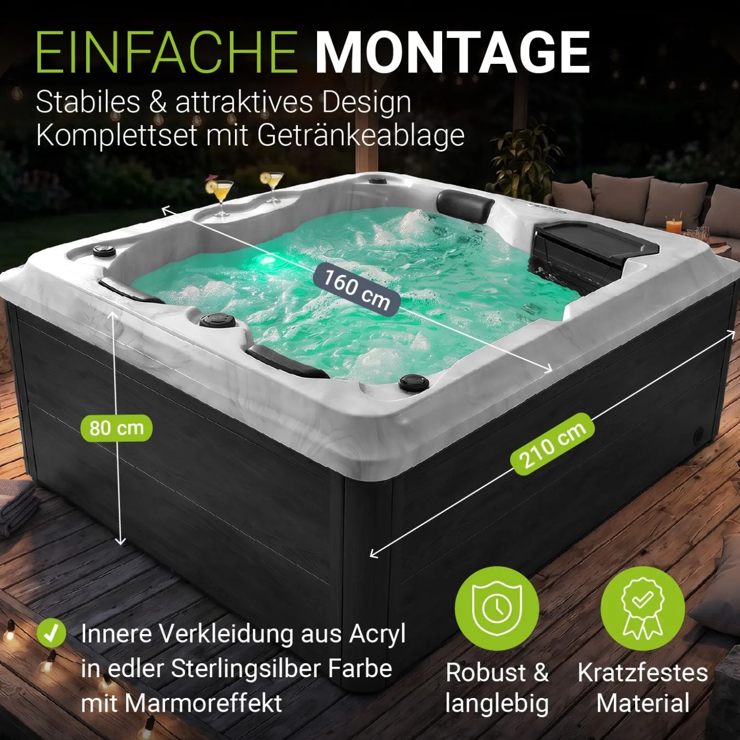 Outdoor Whirlpool Oasis Beheizbar, mit LED Farblicht, Massagedüsen, UV-Sterilisator & Filtersystem