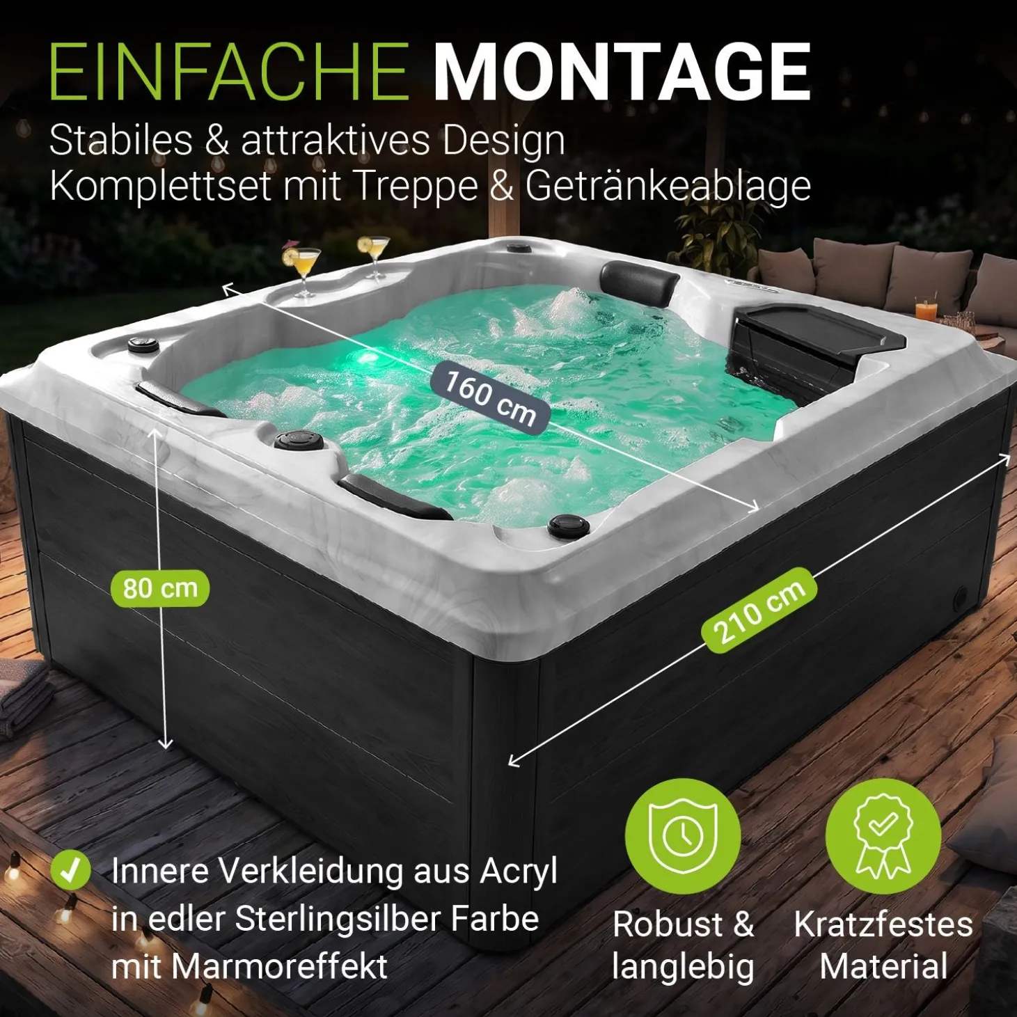 Outdoor Whirlpool Oasis Beheizbar, mit LED Farblicht, Massagedüsen, UV-Sterilisator & Filtersystem