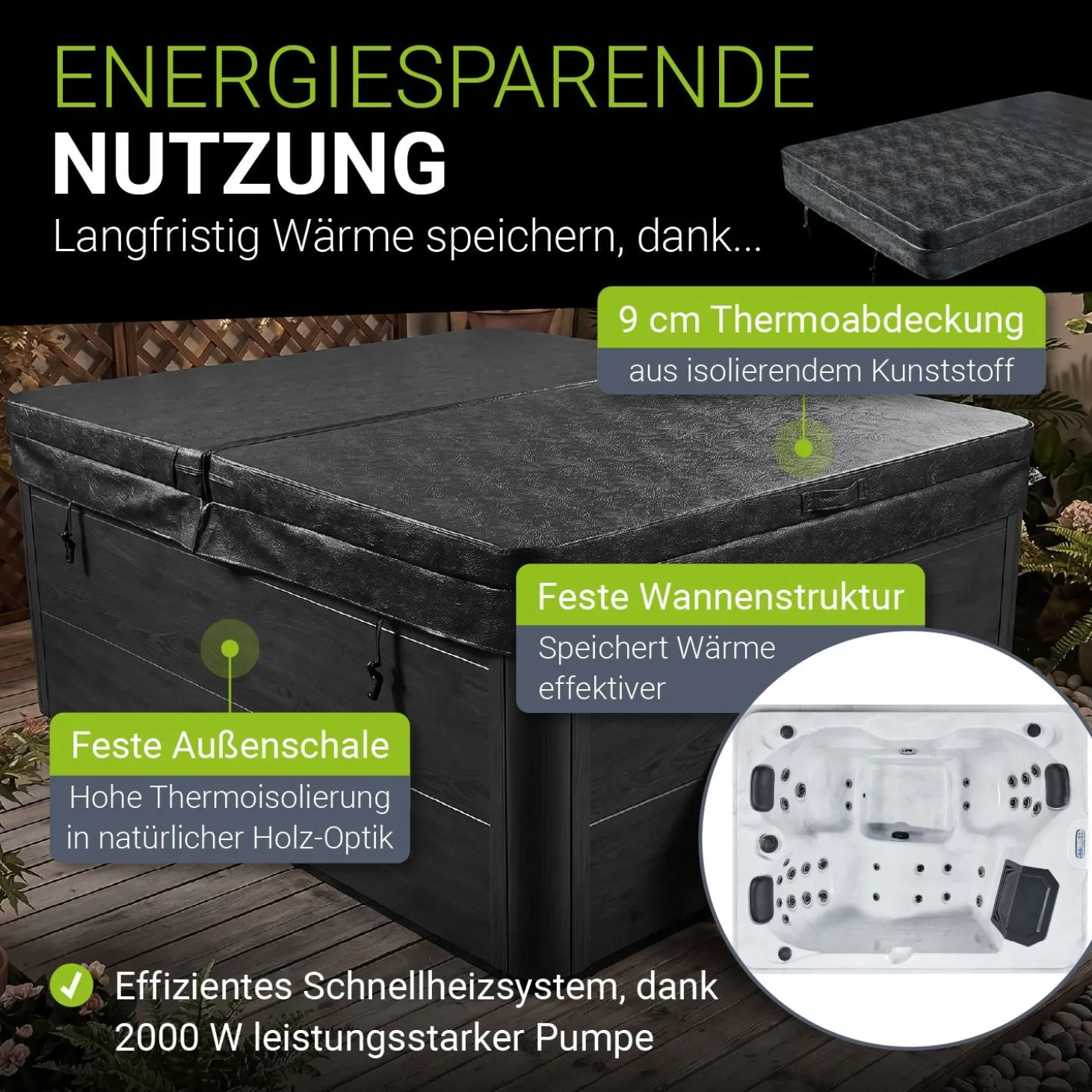 Outdoor Whirlpool Oasis Beheizbar, mit LED Farblicht, Massagedüsen, UV-Sterilisator & Filtersystem