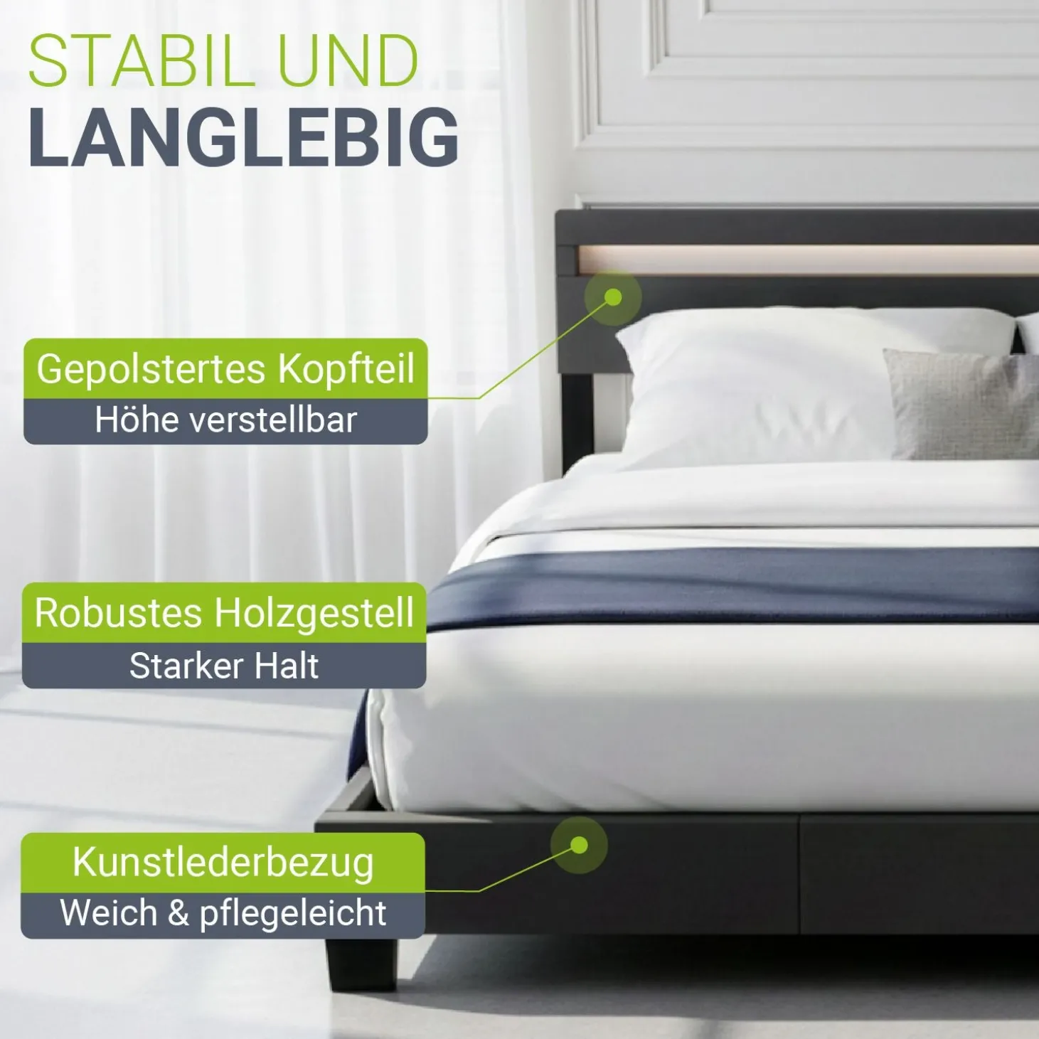 Polsterbett Paris Bettgestell mit LED-Beleuchtung und Lattenrost