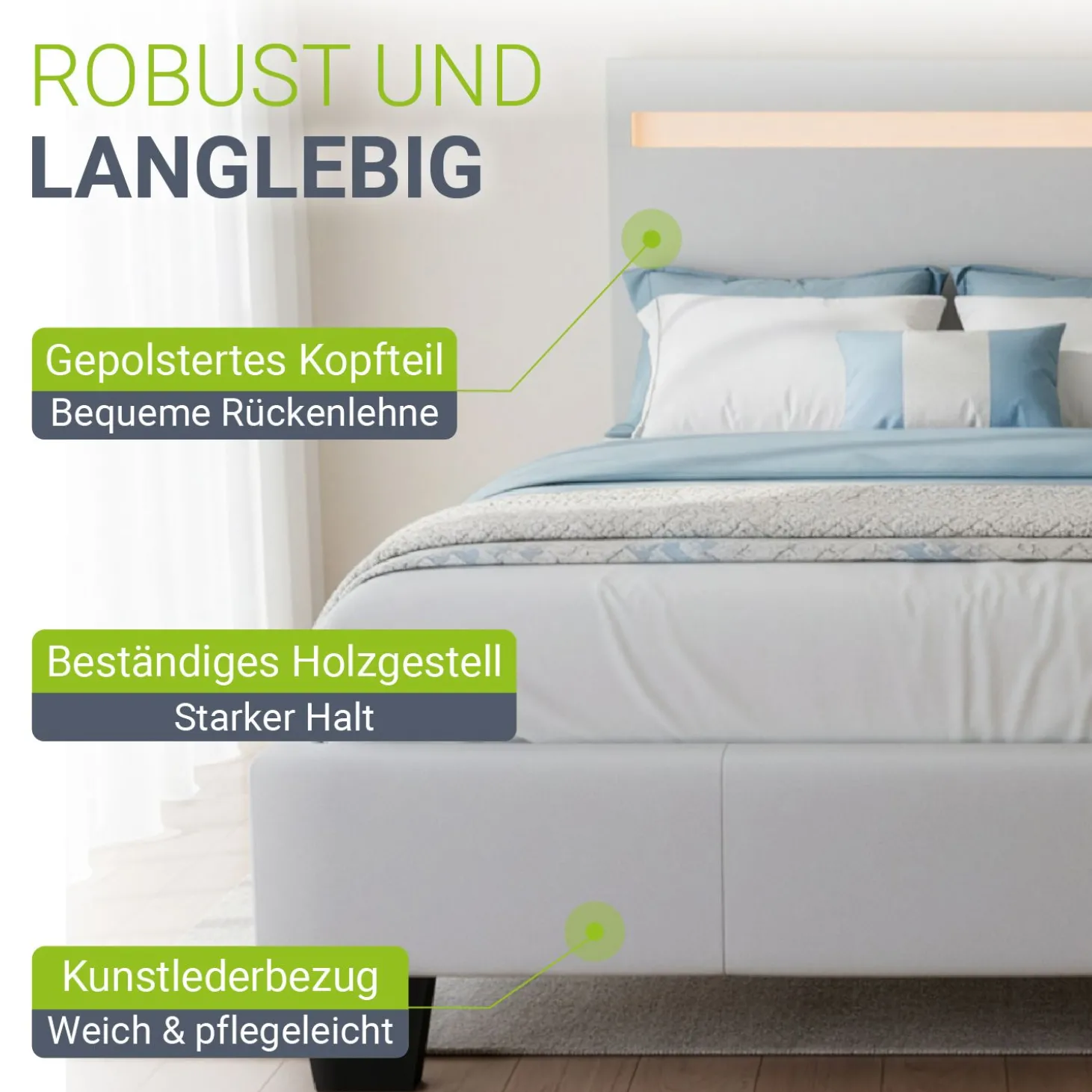 Polsterbett Paris Bettgestell mit LED-Beleuchtung und Lattenrost
