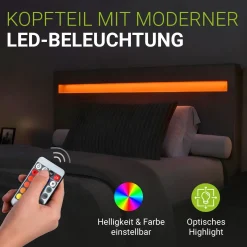 Polsterbett Paris Bettgestell mit LED-Beleuchtung und Lattenrost