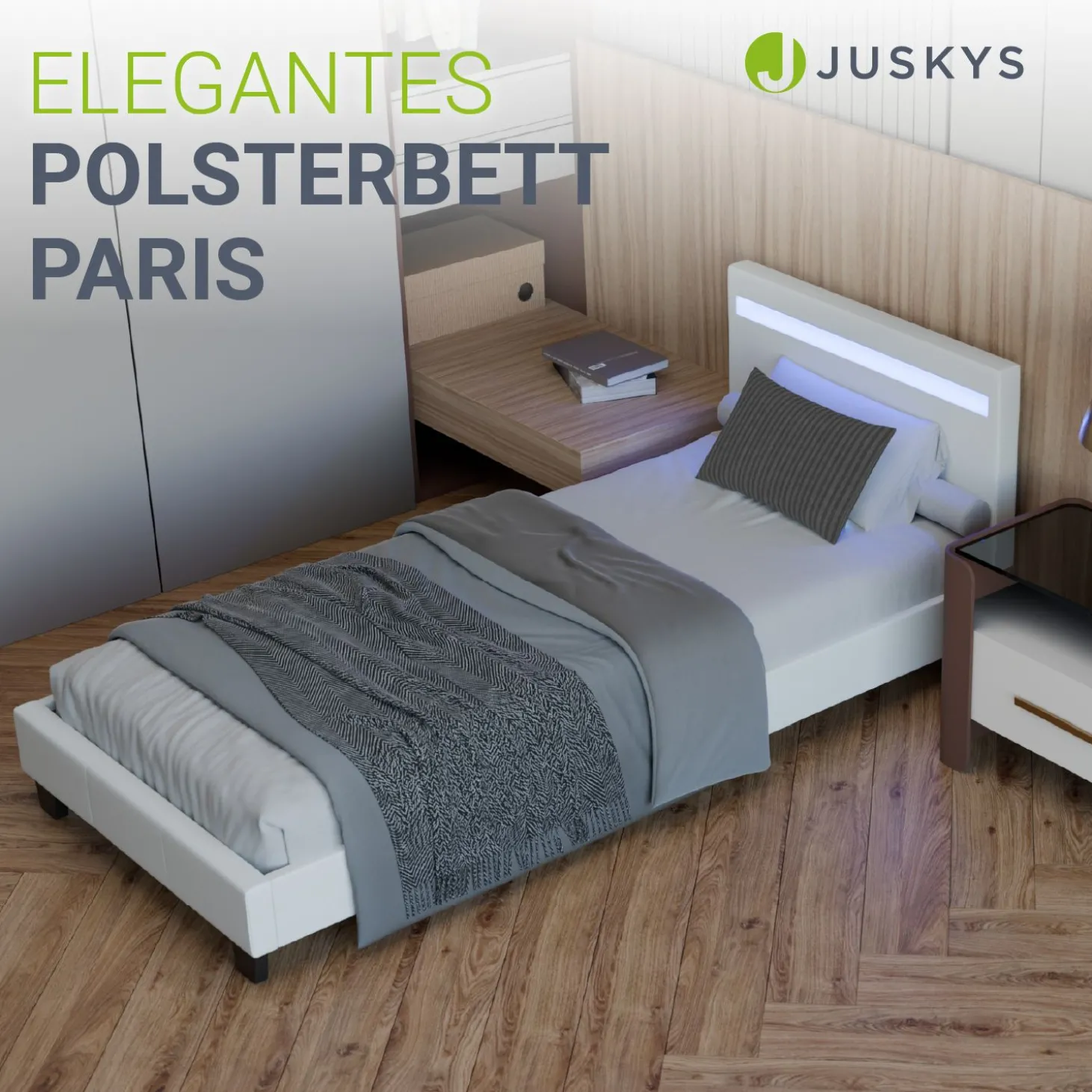 Polsterbett Paris Bettgestell mit LED-Beleuchtung und Lattenrost