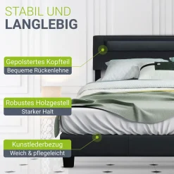 Polsterbett Paris Bettgestell mit LED-Beleuchtung und Lattenrost