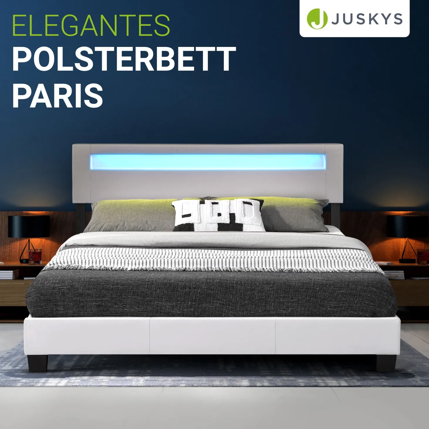 Polsterbett Paris Bettgestell mit LED-Beleuchtung und Lattenrost