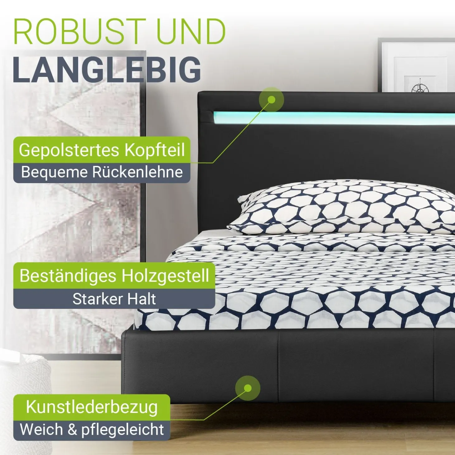 Polsterbett Paris Bettgestell mit LED-Beleuchtung und Lattenrost