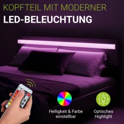 Polsterbett Paris Bettgestell mit LED-Beleuchtung und Lattenrost