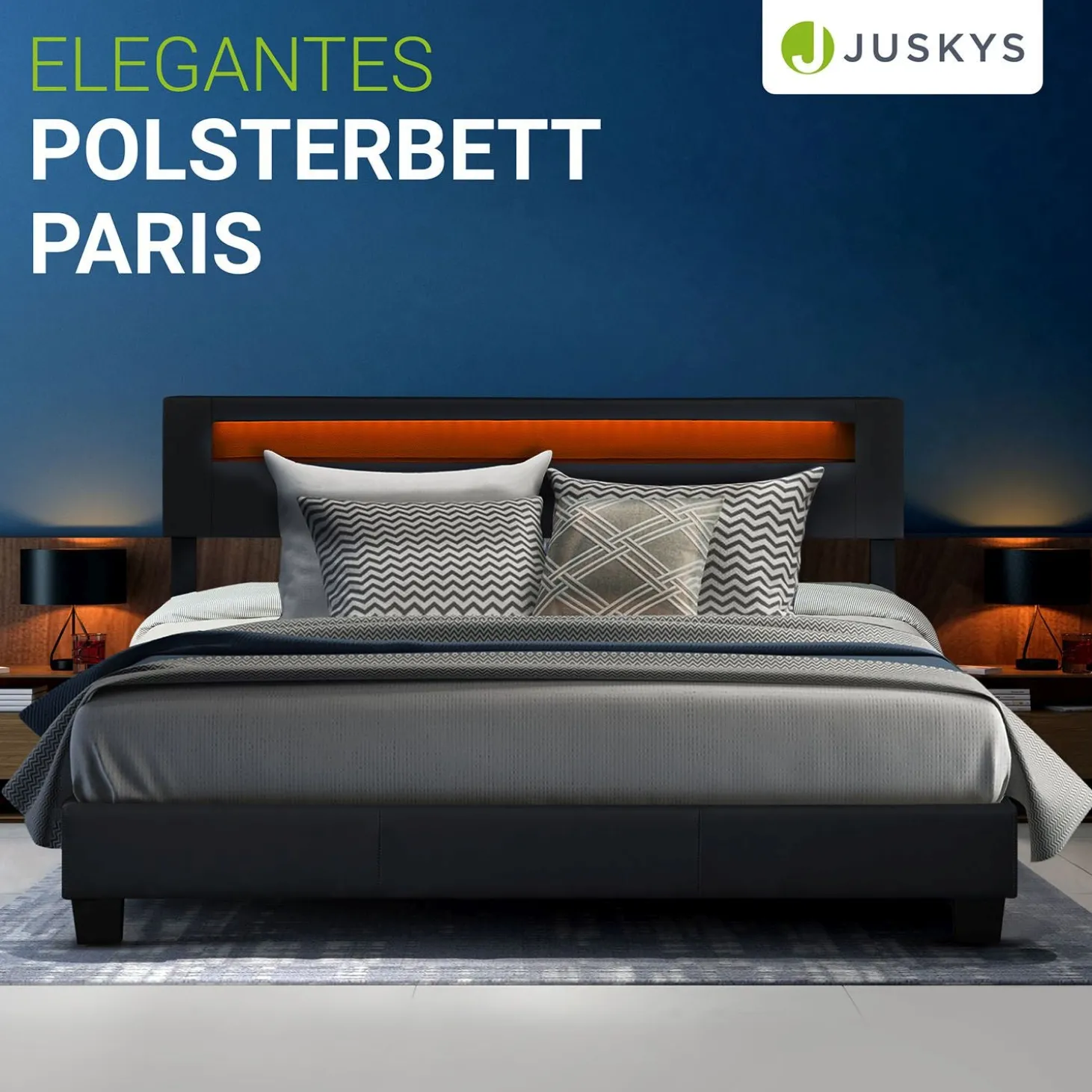 Polsterbett Paris Bettgestell mit LED-Beleuchtung und Lattenrost