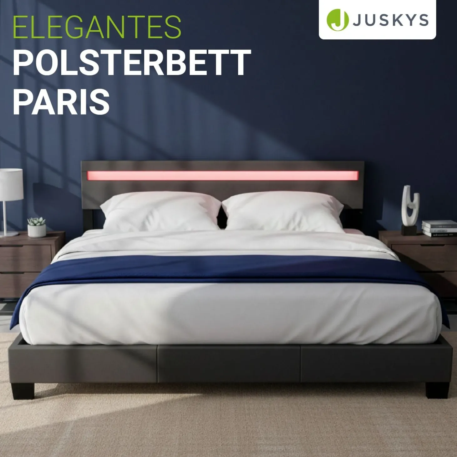 Polsterbett Paris Bettgestell mit LED-Beleuchtung und Lattenrost