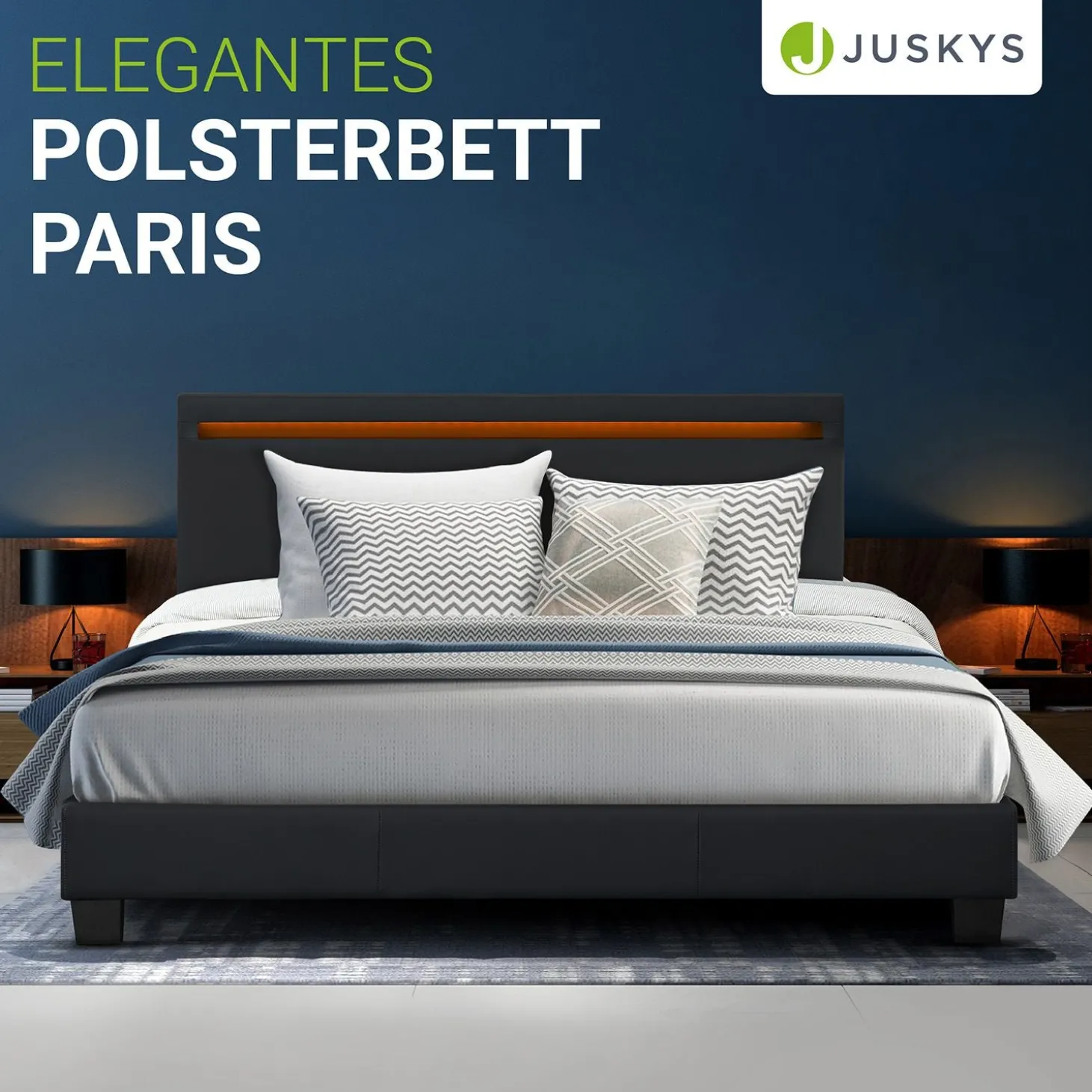 Polsterbett Paris Bettgestell mit LED-Beleuchtung und Lattenrost