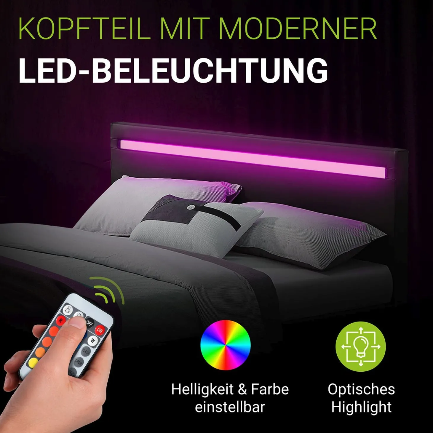 Polsterbett Paris Bettgestell mit LED-Beleuchtung und Lattenrost