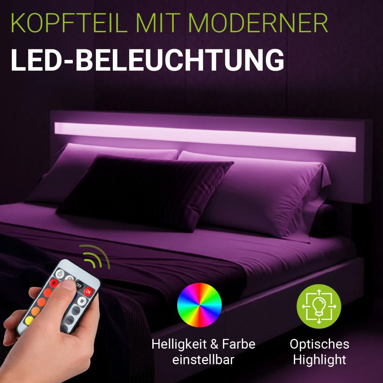 Polsterbett Paris Bettgestell mit LED-Beleuchtung und Lattenrost