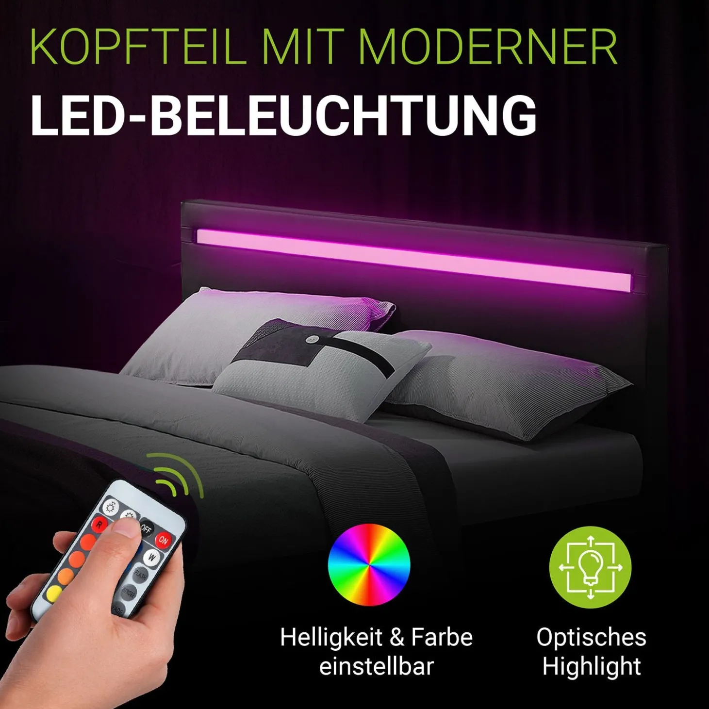 Polsterbett Paris Bettgestell mit LED-Beleuchtung und Lattenrost
