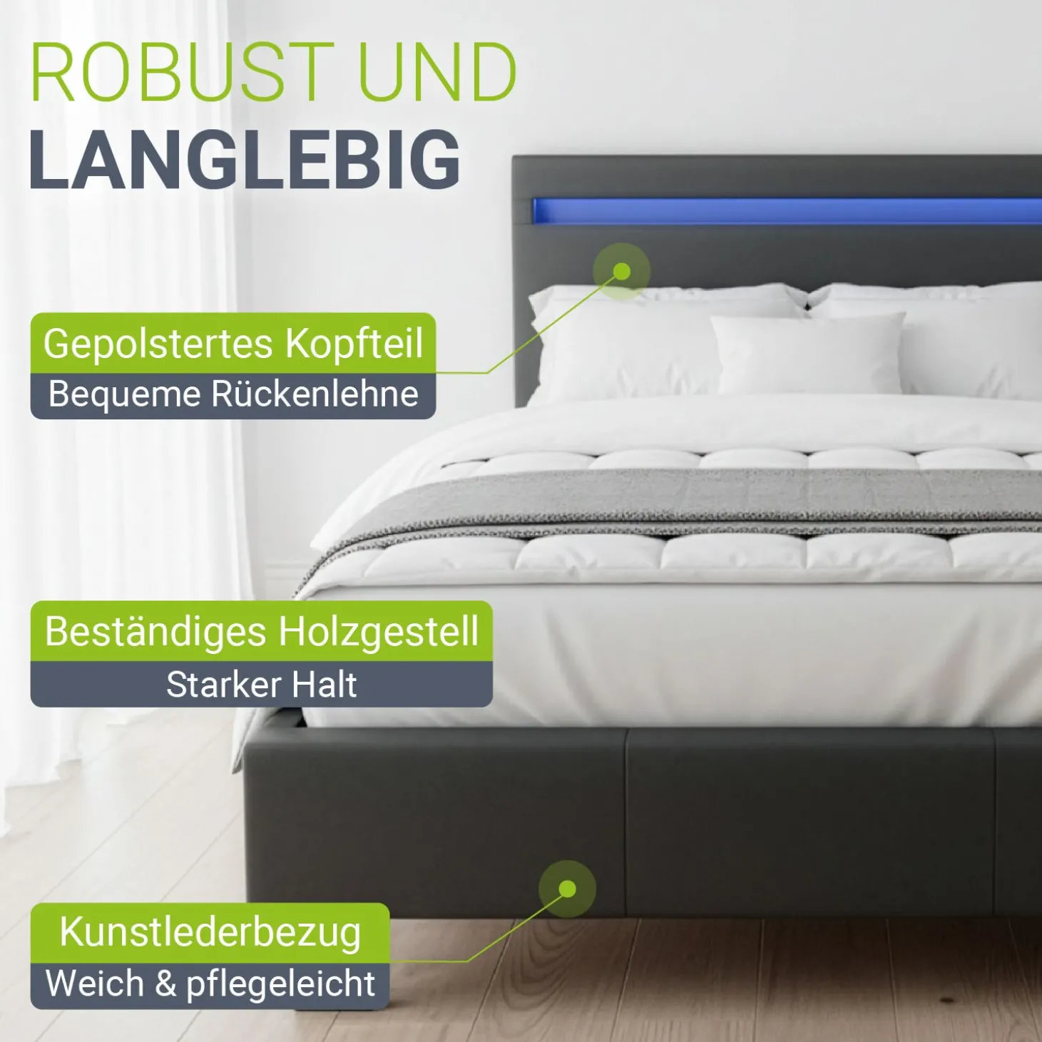 Polsterbett Paris Bettgestell mit LED-Beleuchtung und Lattenrost