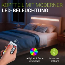 Polsterbett Paris Bettgestell mit LED-Beleuchtung und Lattenrost