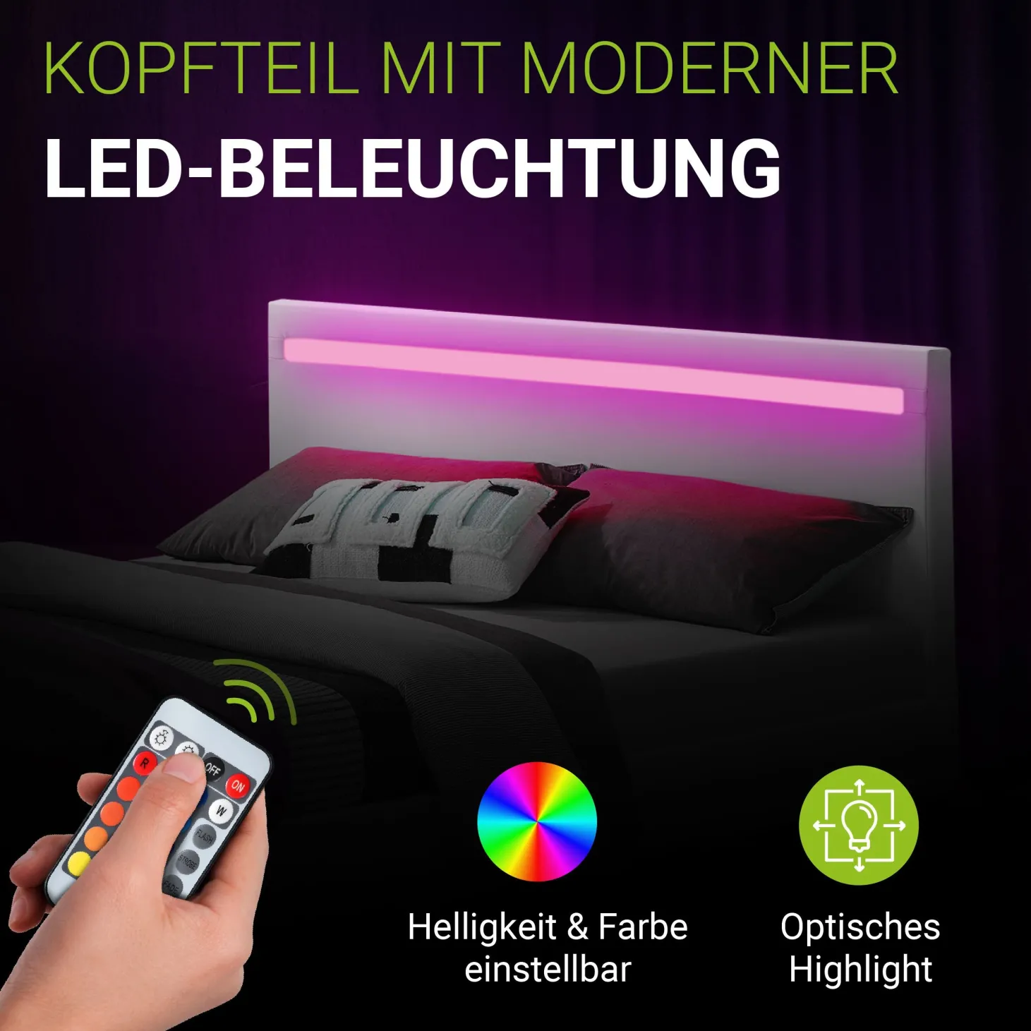 Polsterbett Paris Bettgestell mit LED-Beleuchtung und Lattenrost