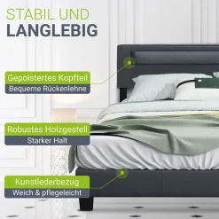 Polsterbett Paris Bettgestell mit LED-Beleuchtung und Lattenrost