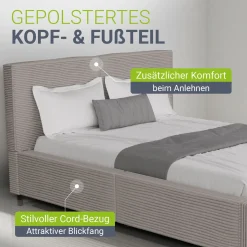 Polsterbett Salerno Bettgestell mit Cord Design, belastbar und pflegeleicht