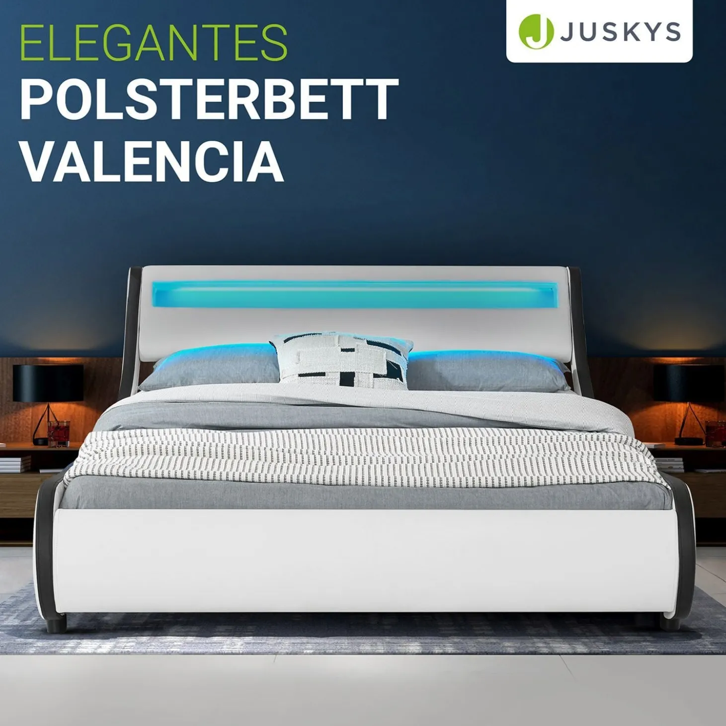 Polsterbett Valencia Bettgestell mit LED-Beleuchtung und Lattenrost
