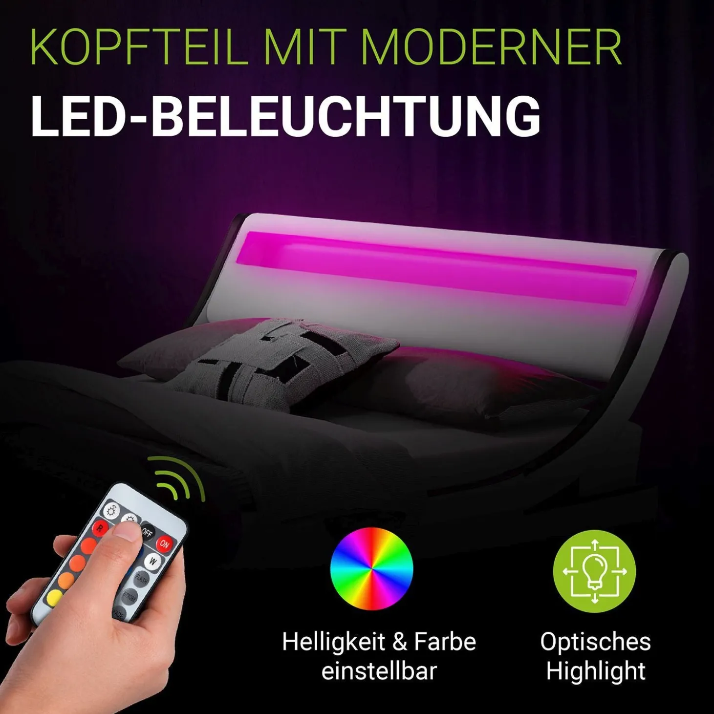 Polsterbett Valencia Bettgestell mit LED-Beleuchtung und Lattenrost