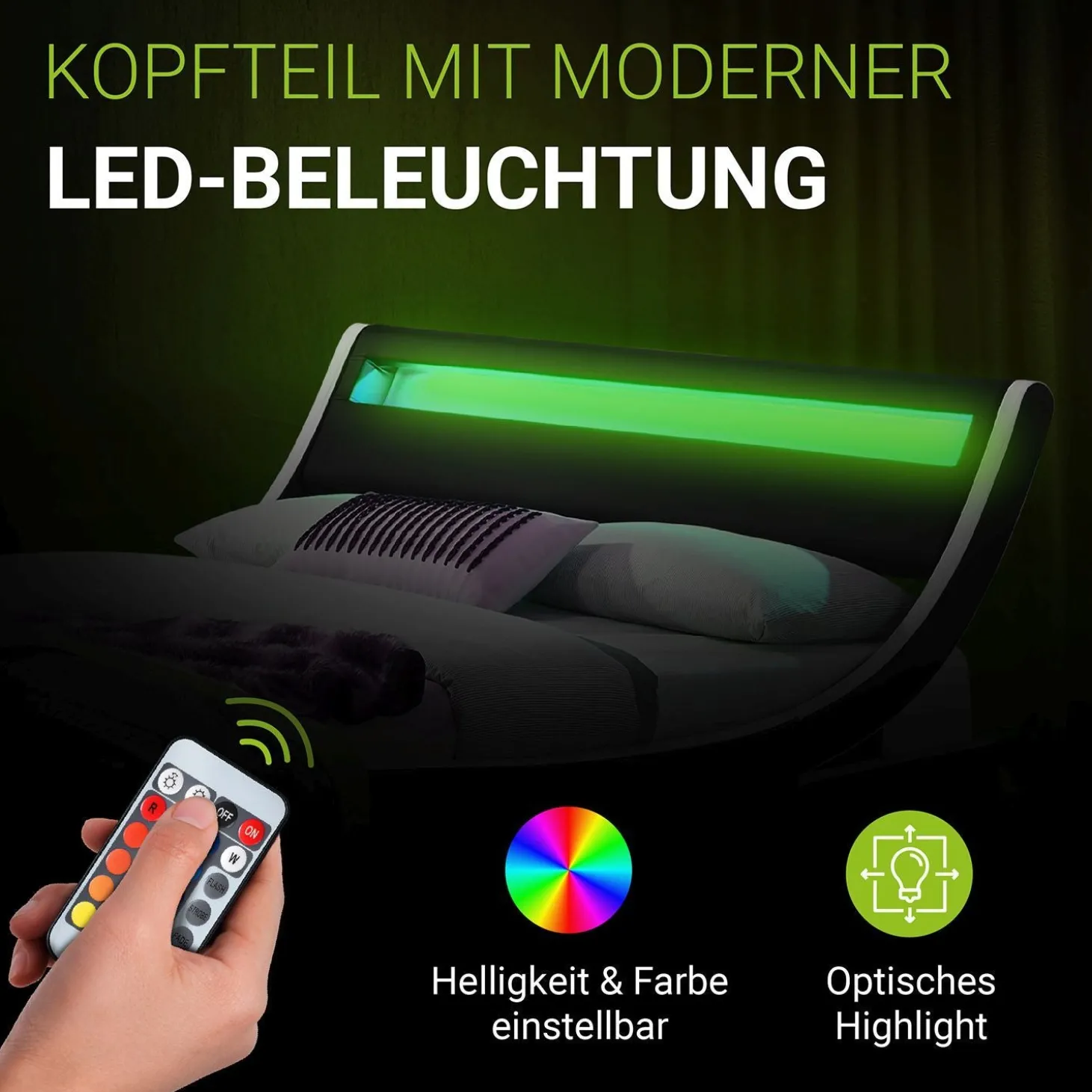 Polsterbett Valencia Bettgestell mit LED-Beleuchtung und Lattenrost