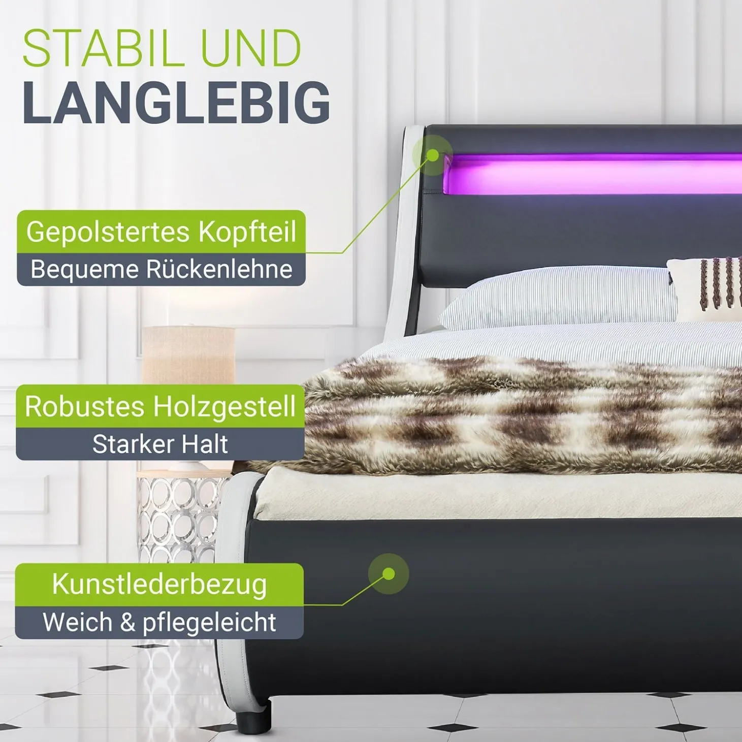 Polsterbett Valencia Bettgestell mit LED-Beleuchtung und Lattenrost