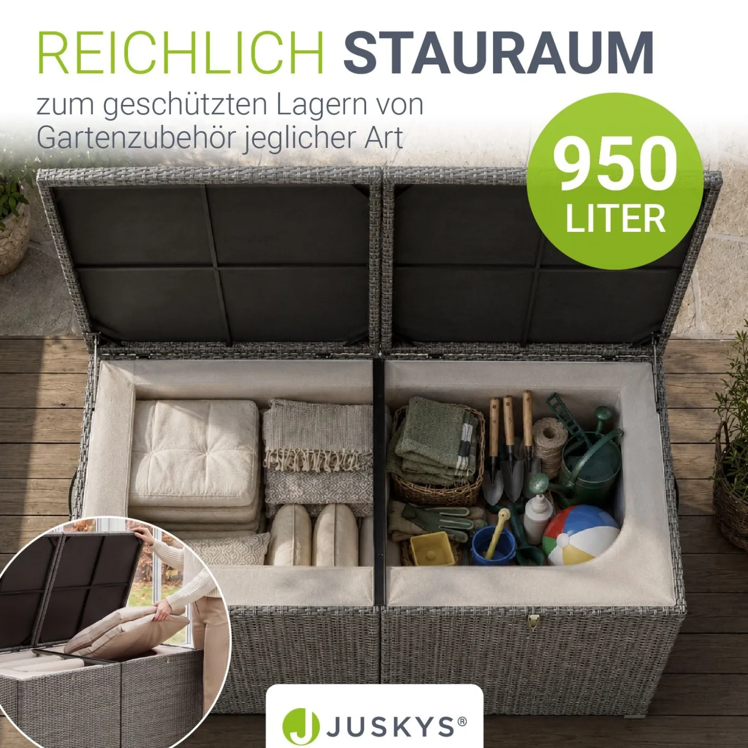 Polyrattan Auflagenbox Ikaria Gartenbox 950 Liter mit Deckel und herausnehmbarer Innenplane