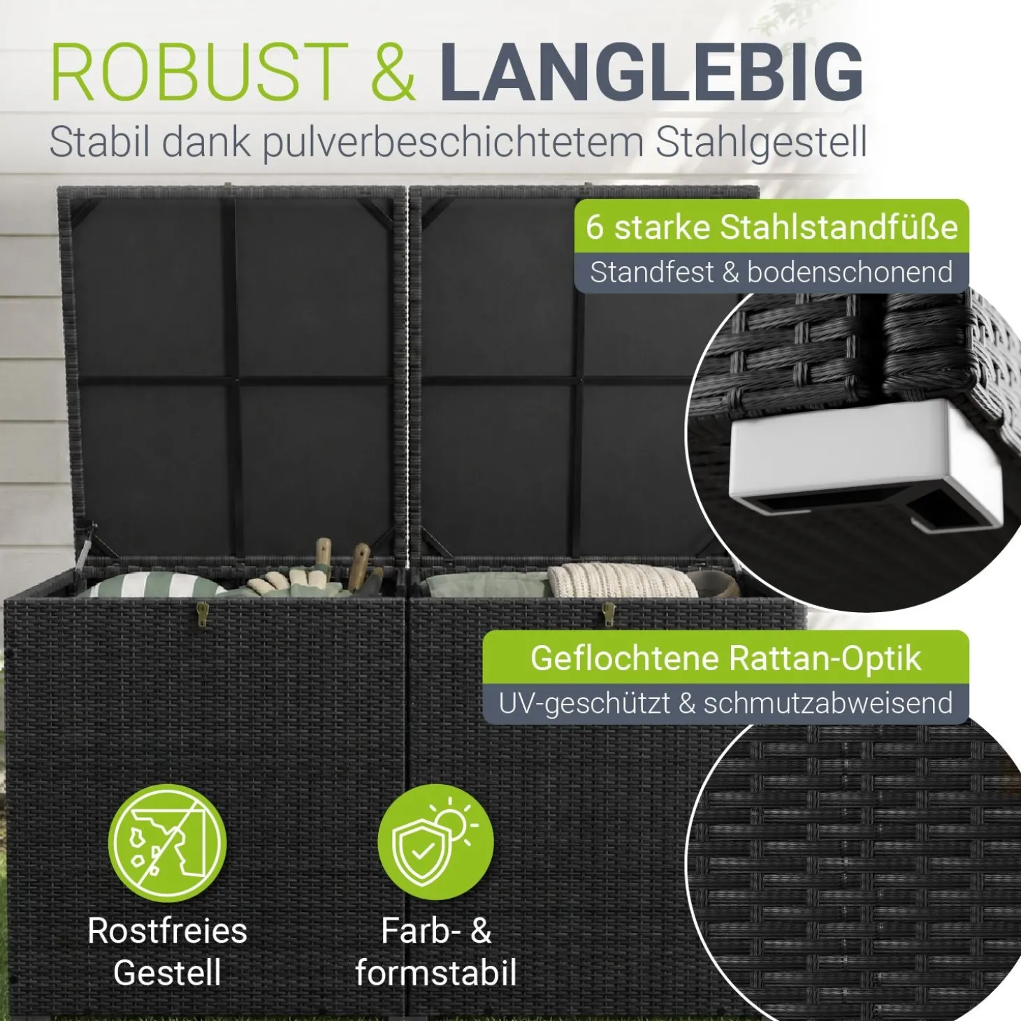 Polyrattan Auflagenbox Ikaria Gartenbox 950 Liter mit Deckel und herausnehmbarer Innenplane