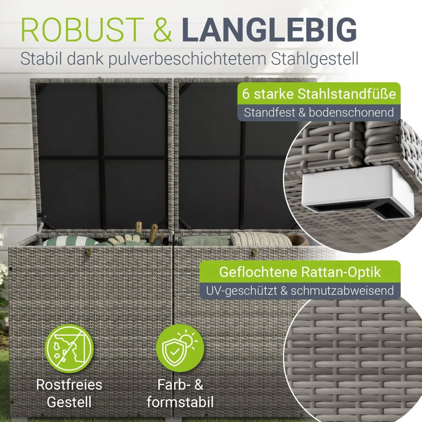 Polyrattan Auflagenbox Ikaria Gartenbox 950 Liter mit Deckel und herausnehmbarer Innenplane