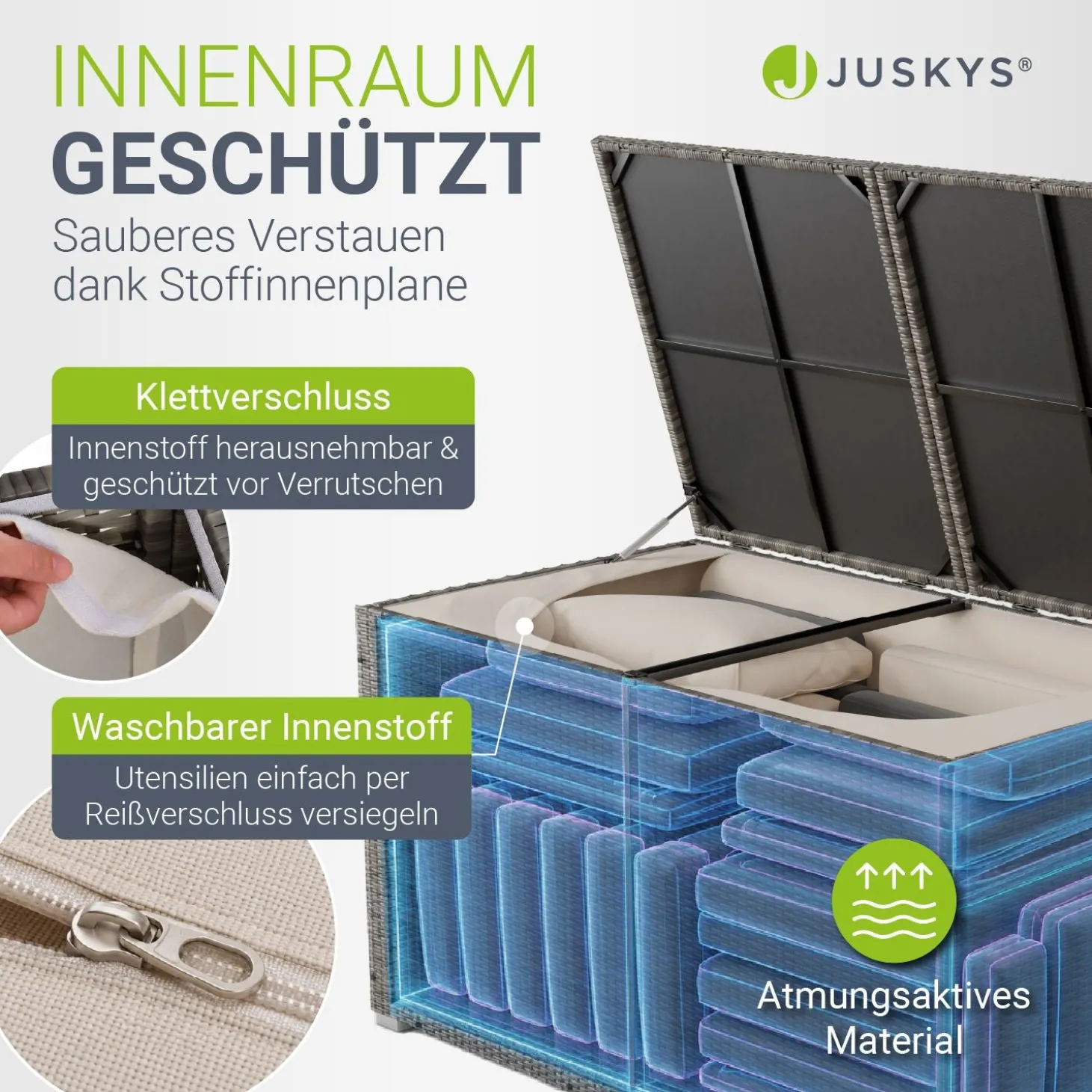 Polyrattan Auflagenbox Ikaria Gartenbox 950 Liter mit Deckel und herausnehmbarer Innenplane