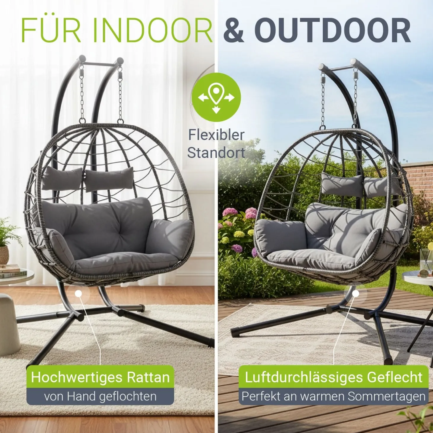 Polyrattan Doppelhängesessel Aria Mit Gestell & Kissen - Schaukel für 2 Personen